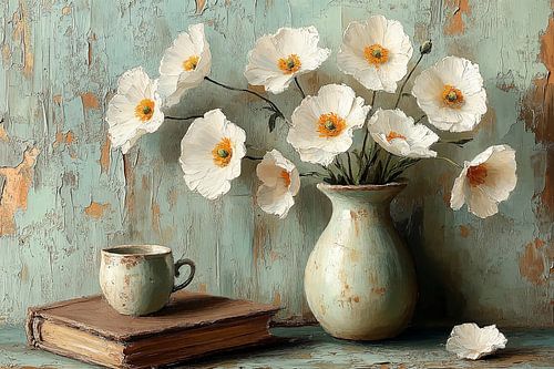 White Poppies in rustic Green no.1