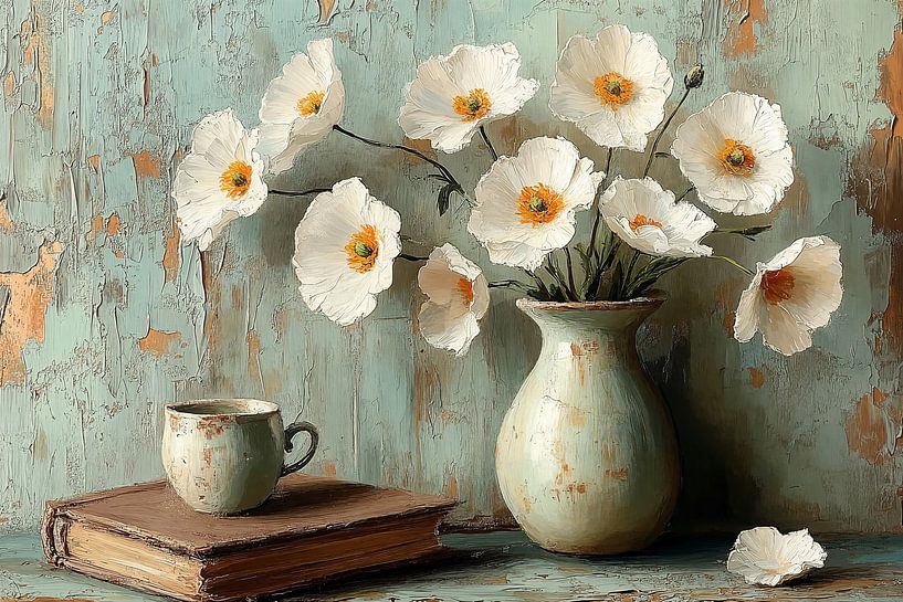 Coquelicots blancs en vert rustique n°1 par Studio BB