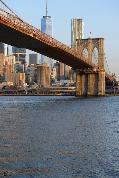 Brooklyn Bridge in New York in de ochtend met One World Trade Center van Merijn van der Vliet