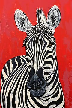 Zebra tegen een levendige rode achtergrond van Art & Soul Creations