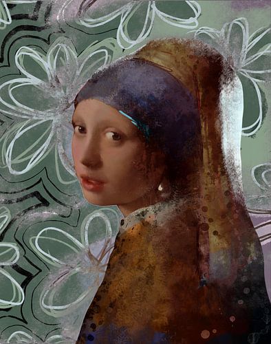 Meisje met de parel, Grungy Flower Edition | Naar het werk van Johannes Vermeer