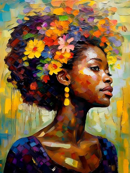 Portret van een donkeren vrouw met bloemen van Studio Pieternel