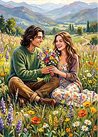 A couple in a beautiful flower field. by Runglavan Pleanphai