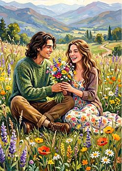 A couple in a beautiful flower field.