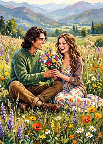 A couple in a beautiful flower field.