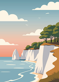 Minimalistische, flache, abstrakte Illustration einer Küstenlandschaft mit weißen Klippen und Meer