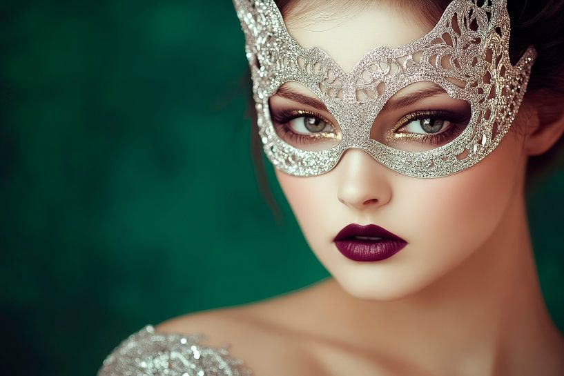 Elegante vrouw met filigraan masker van Poster Art Shop