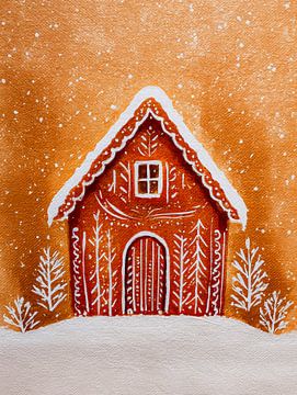 Atmospheric gingerbread house in winter snow with warm orange shades