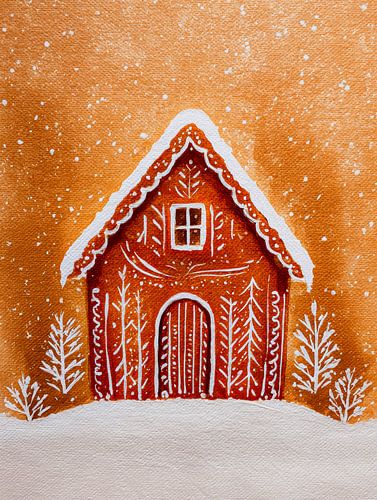 Maison en pain d'épices atmosphérique dans la neige hivernale avec des nuances d'orange chaudes