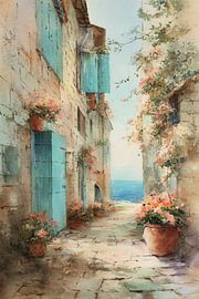 Mediterrane Gasse – Ruhiger Blick auf das türkisfarbene Meer von Peter Pen Zeichnungen und Gemälde