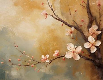 Branche de fleur peinte sur un fond rugueux avec des couleurs terreuses