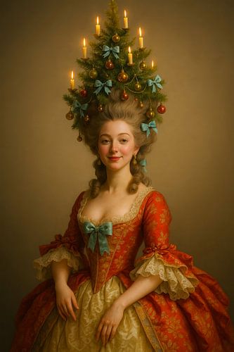 Portrait de Noël rococo d'une dame à la coiffure ornée, décorée comme un arbre de Noël
