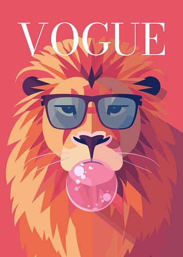 lion stylish wearing sunglasses blowing pink bubble gum vogue poster