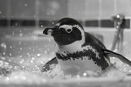 Cheerful penguin in the bath - an enchanting bathroom picture for your WC by Poster Art Shop