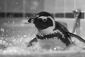 Cheerful penguin in the bath - an enchanting bathroom picture for your WC by Felix Brönnimann