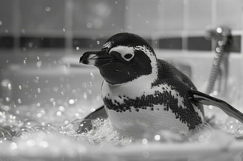 Vrolijke pinguïn in bad - een betoverende badkamerfoto voor je WC