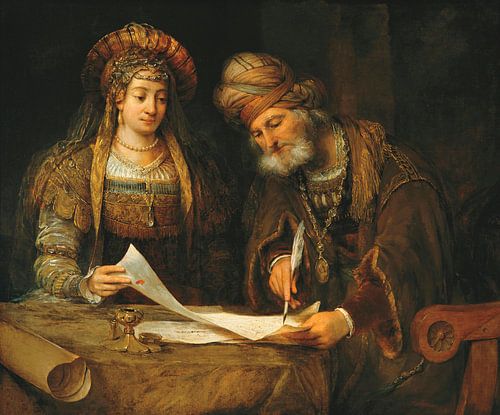 Esther en Mordecai schrijven de eerste brief van Purim, Aert de Gelder.