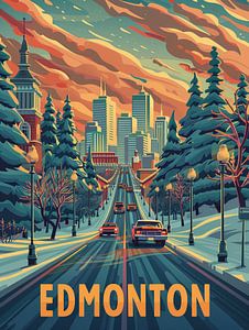 Edmonton Skyline Glow: Winter Stadsleven Kunstdruk