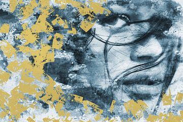 Mia. Abstrakte Retro-Stil Porträt einer schönen Frau in Gold und Pastellblau von Dina Dankers