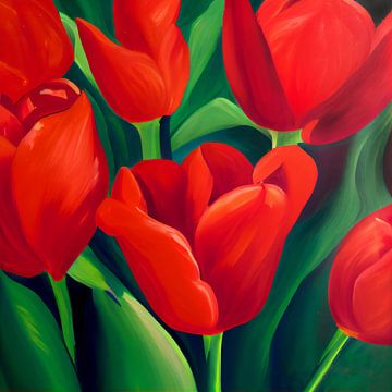 Passion in Red, red tulips among green leaves by Color Square