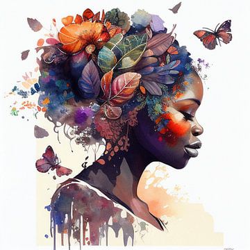 Aquarell Schmetterling Afrikanische Frau #9 von Chromatic Fusion Studio