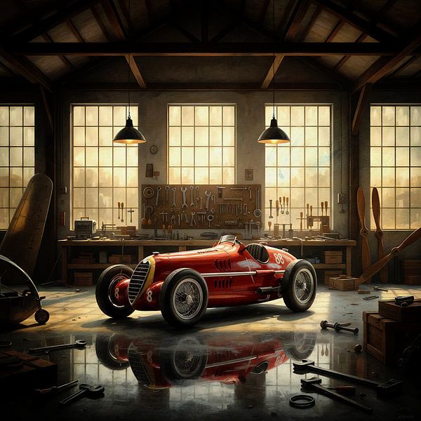 Alfa Romeo Alfetta in oude werkplaatsscène van Jan Keteleer
