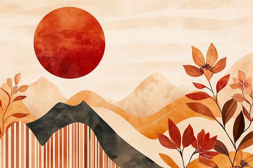 Herbstliche Landschaft mit roter Sonne