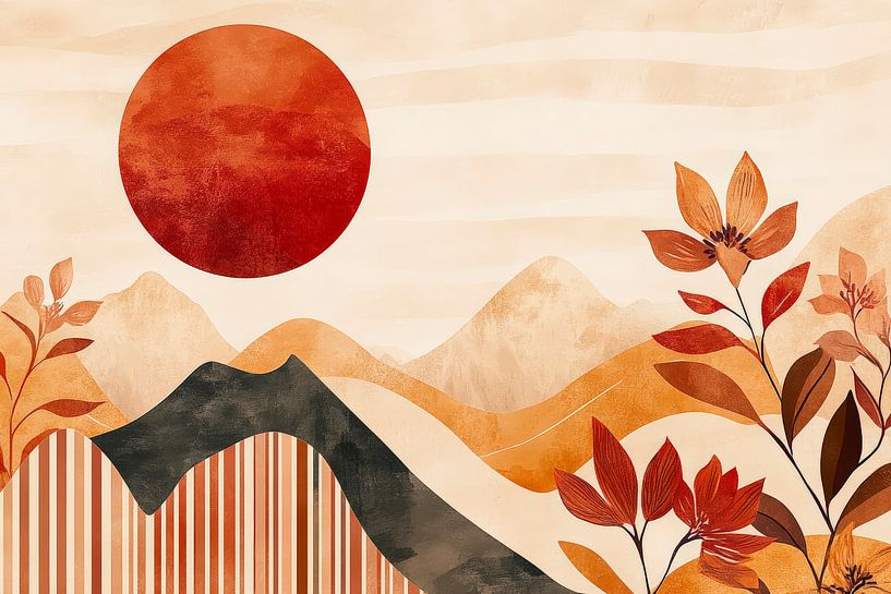 Autumn landscape with red sun by Poster Art Shop