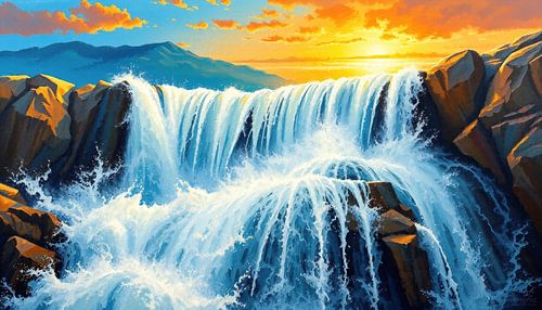 Waterval in het gouden licht van de zonsopgang
