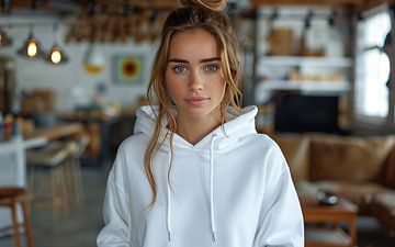 Vrouw met capuchon op kantoor van de-nue-pic