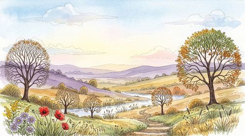 Vallei in aquarel