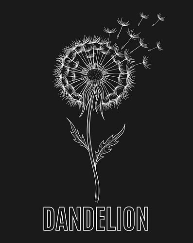 Minimalistisches Poster mit einer Strichzeichnung einer Löwenzahnblüte