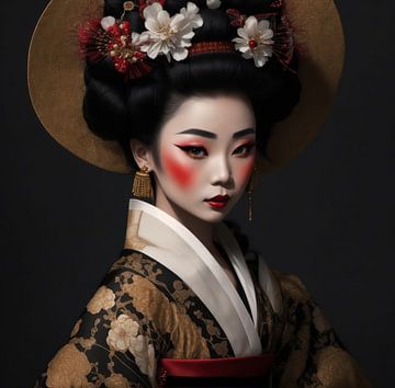 Japanse traditionele Geisha uit de 19e eeuw met haardracht en make up. van Brian Morgan