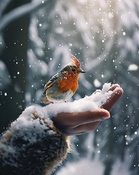 Oiseau familier en hiver sur la main sur fernlichtsicht