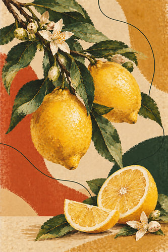 Vintage-Zitronenzweig – „ & “ – Scheiben – Retro-Botanikkunst