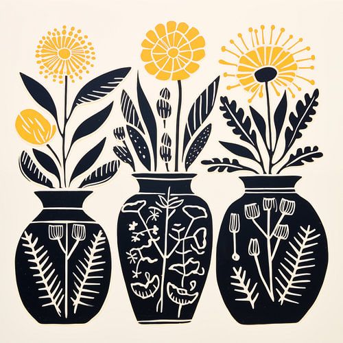 Vases avec impression sur lino de fleurs jaunes
