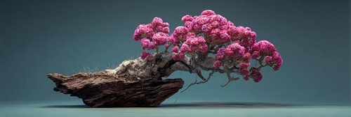 Bonsaï sur bois avec panorama de fleurs roses sur Digitale Schilderijen