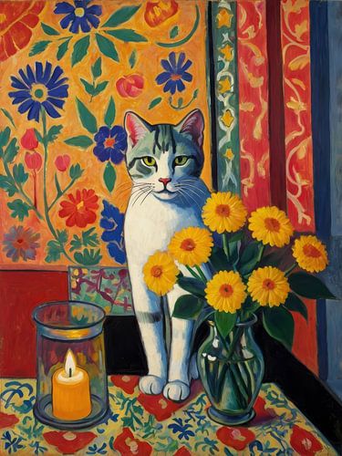 Cat With Flowers Style Henri Matisse