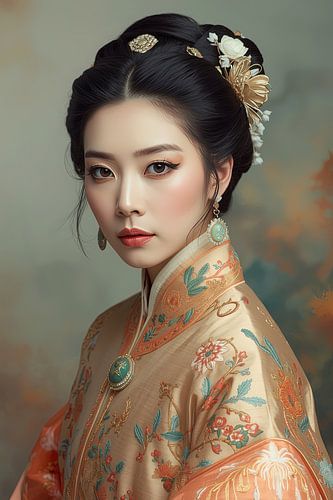 Originele Chinese vrouw in traditionele kleding en juwelen uit de 18de eeuw.