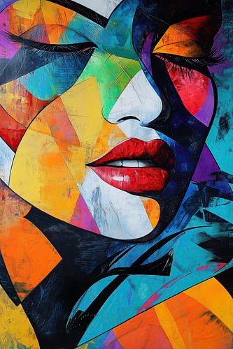 Pop art vrouwenportret rust en mysterie - kleurrijke kunst
