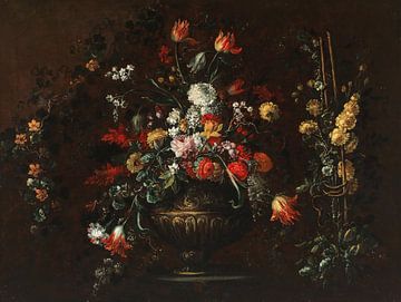 Roses, anémones, œillets rouges, rose de Gueldre et autres fleurs dans une urne, Elisabetta Marchion