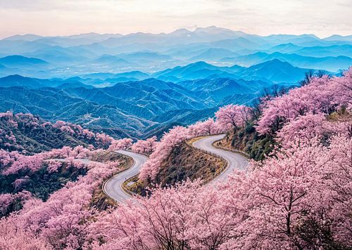 Routes traversant un paysage montagneux parsemé de cerisiers en fleurs
