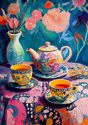 L'heure du thé colorée dans une splendeur florale - Peinture dans le style Matisse