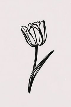 Tulipe noire minimaliste sur fond blanc sur De Muurdecoratie