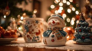 Décoration de bonhomme de neige dans une ambiance chaleureuse de Noël avec lumière et brillance