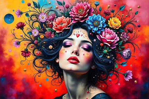 Portret van vrouw met bloemen en veel kleur