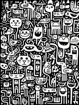 Die frühe Katze fängt den Vogel | Wimmelbild in Schwarz-Weiss von Frank Daske | Foto & Design