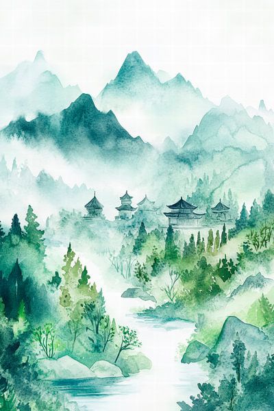 Mountain landscape with fog and river by Poster Art Shop