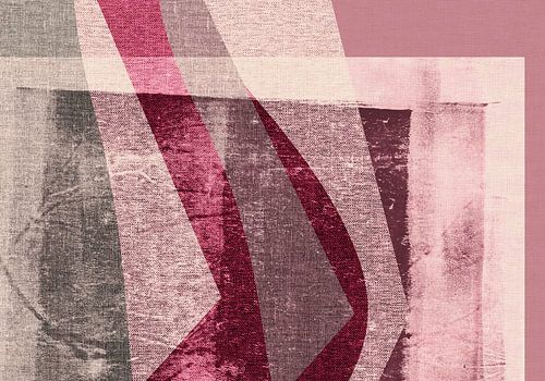 Roze, taupe, rode en witte abstracte vormen op linnen.