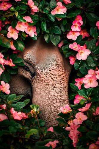 Olifant in een zee van bloemen